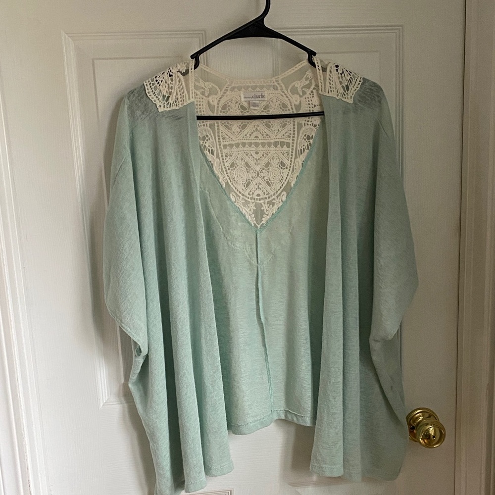 Charming Charlie Mint and Cream Lace cardigan